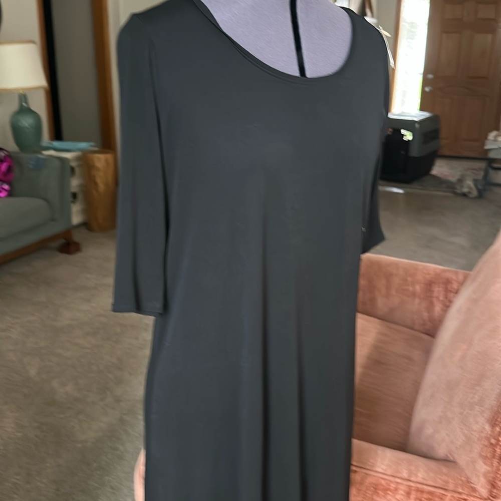 Eileen Fisher dress black silk elbow length sleeves scoop neck Size medium LBD